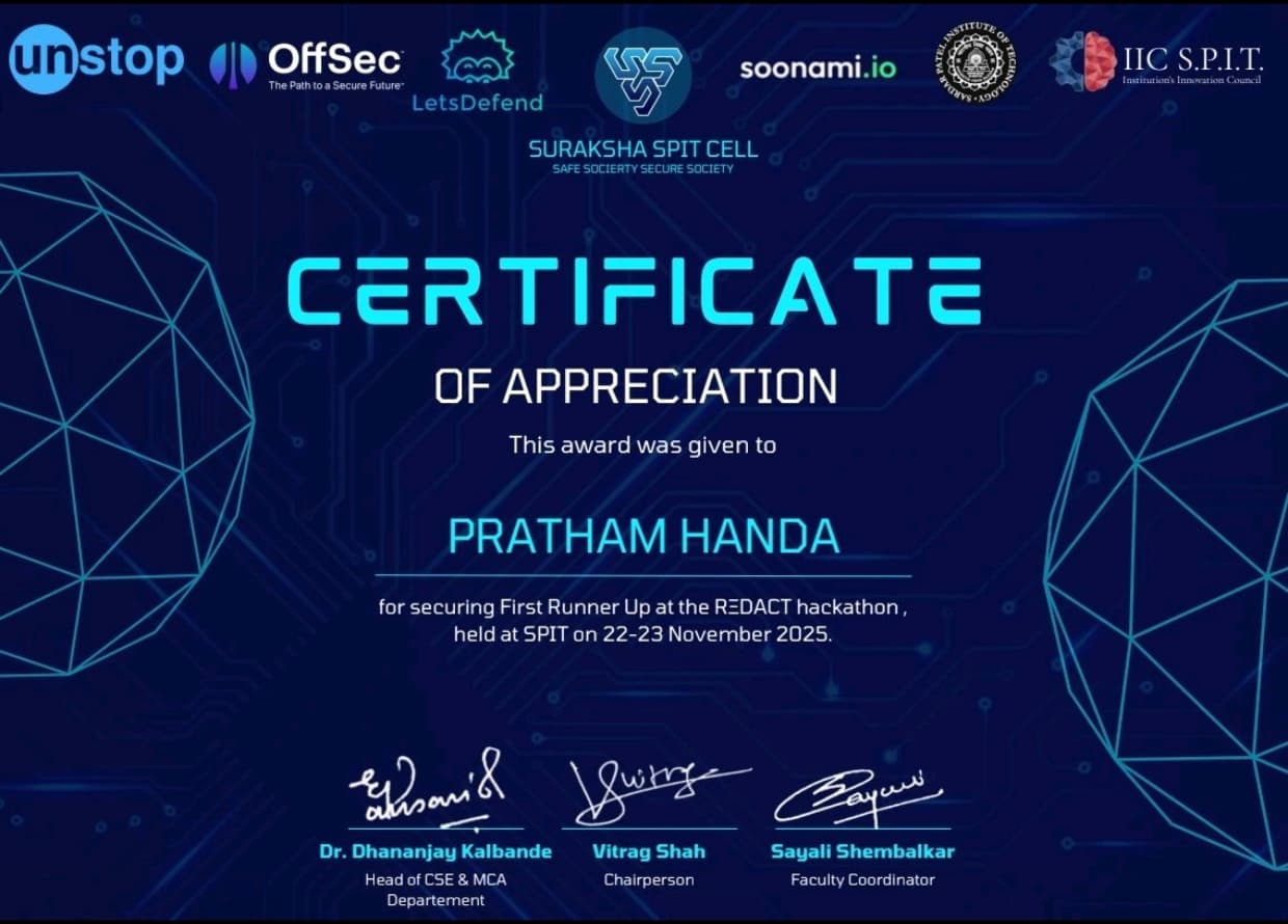 RΞDACT 2025 certificate of appreciation for Pratham Handa